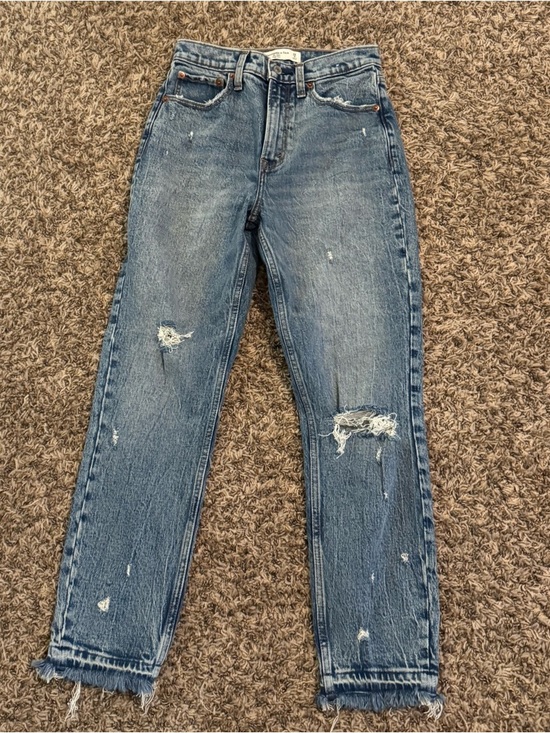 Abercrombie & Fitch Denim - Abercrombie & Fitch The Mom High Rise Distressed Light Blue Straight Leg Jeans